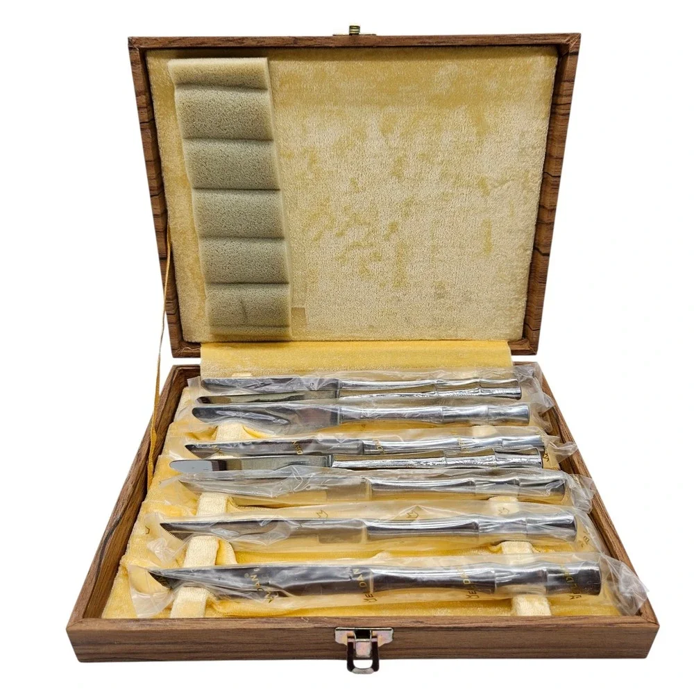 VTG Eldan Bamboo Handle Design Stainless Steel Japan 8 Pc Knife Set w box READ
